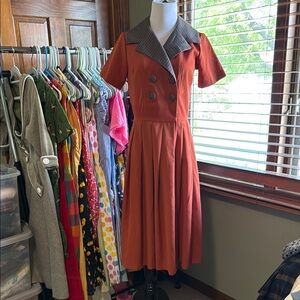 Tatyana Navy and Orange Pleated A-Line Midi Dress